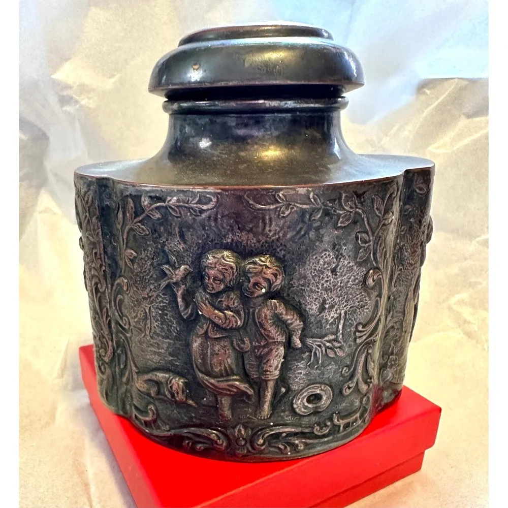 Antique‎ English Tea Caddy Silver over Copper Cherubs Children